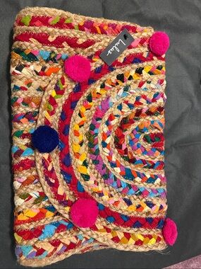 Lulu's Multicolor Woven Pom-Pom Clutch in Pink, Blue, Red, Yellow